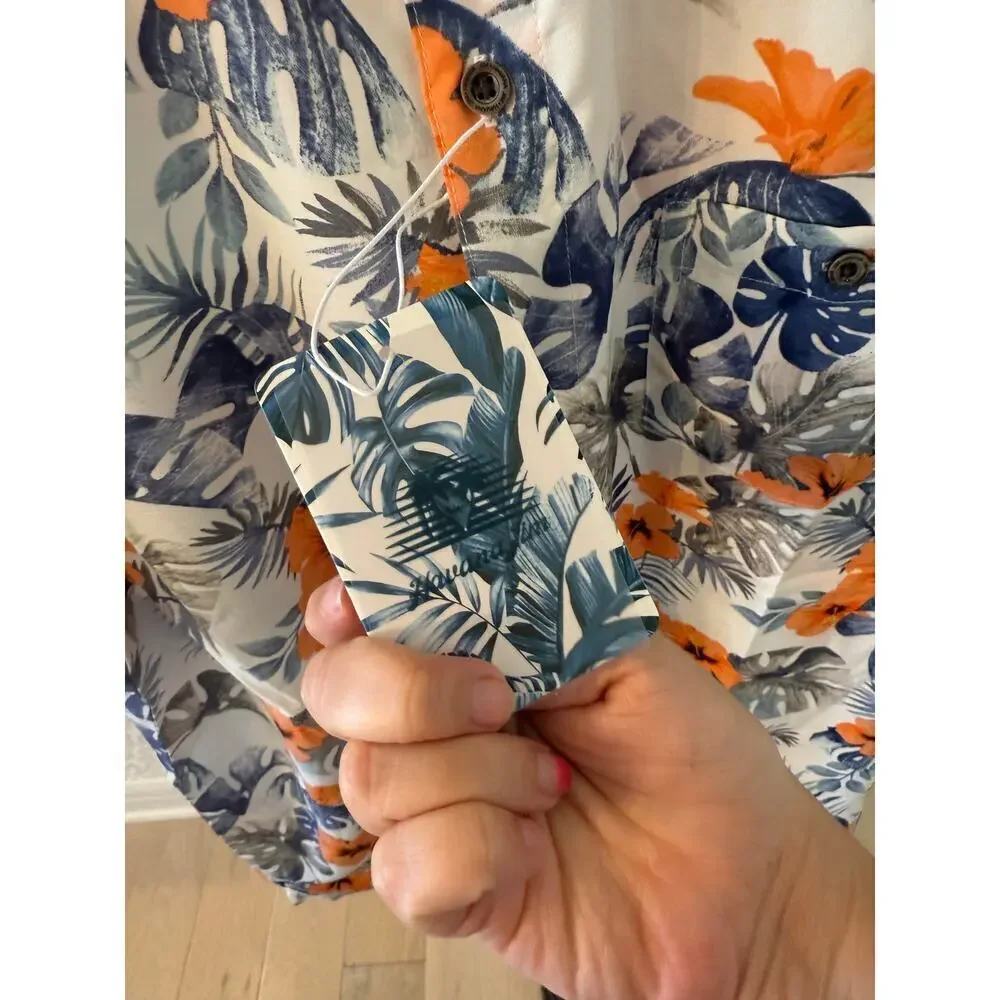 Havana Jim Men's White Blue Floral-Print Hawaiian Shirt Size M